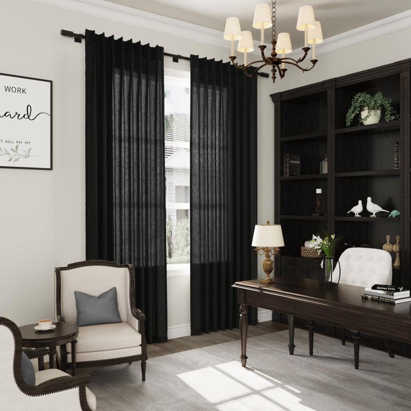 Joywell Primitive Linen Pinch Pleated Curtains 102 Inch Long Back Tab Clip Rings Semi Sheer Light Filtering Drapes with Hooks Privacy for Bedroom Living Room Laundry W50 x L102 Black 2 Panels Set - Image 4