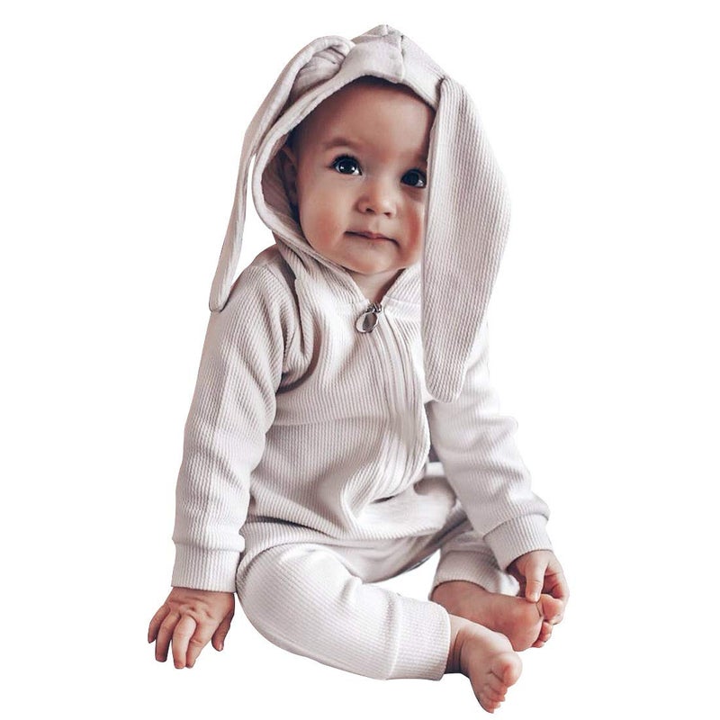 Simplee kids Animal Bunny Baby Easter Clothes Long Ear Rabbit Hoodie Romper with Zipper - Image 1