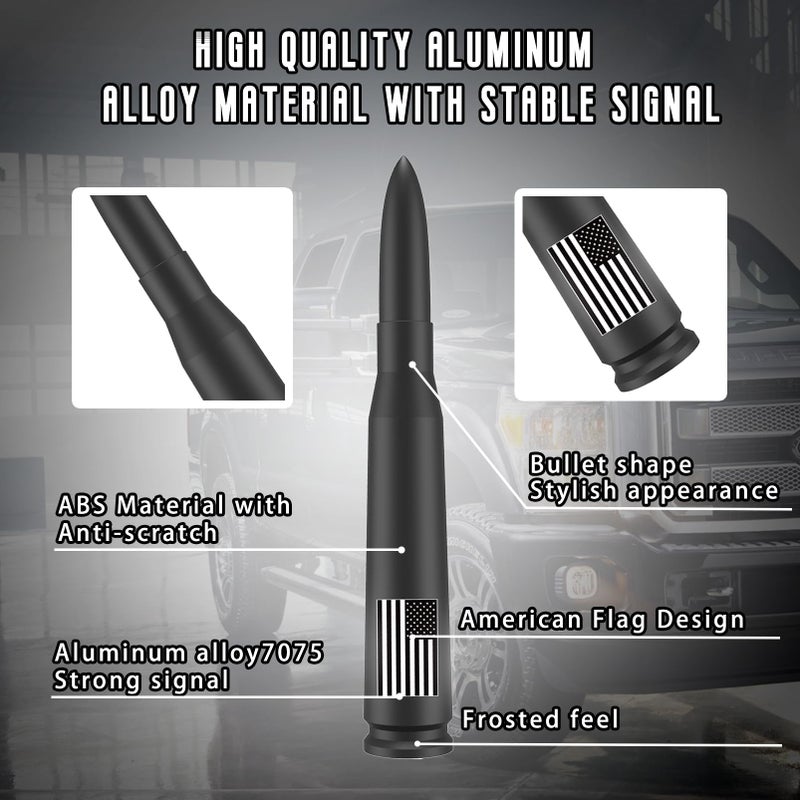 HVSTTPK Car Truck Bullet Antenna with Valve Stem Caps-Universal Antenna Mast for GM Silverado 1500 2500 3500 Ford F150 F250 F350 Heavy Duty Pickup Truck Accessories(Matte Black)-America Flag Style - Image 2