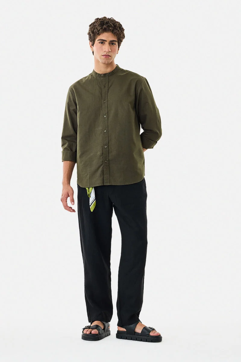 سنيتش Olive Solid Long Sleeve Regular Fit Shirt