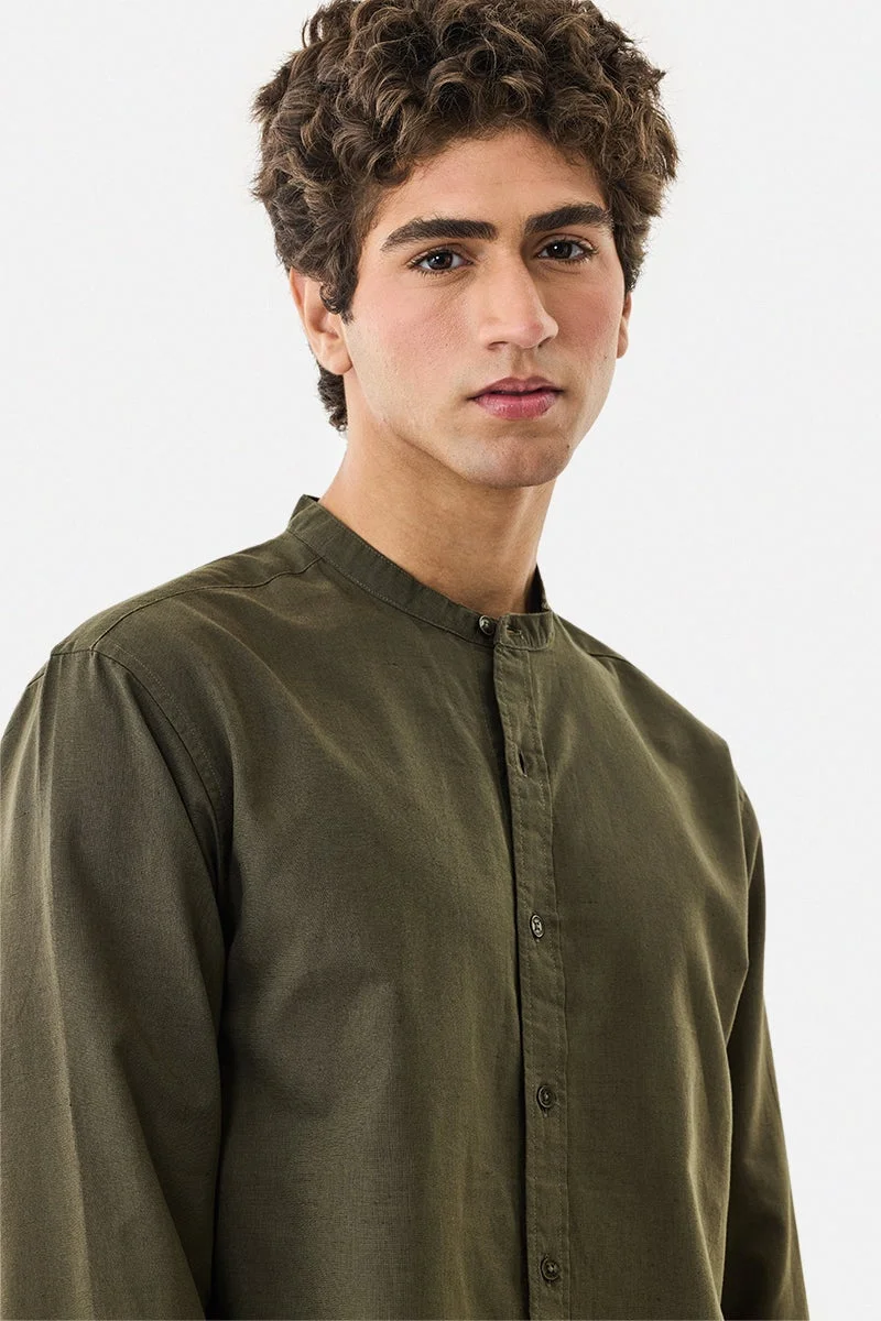 SNITCH Olive Solid Long Sleeve Regular Fit Shirt