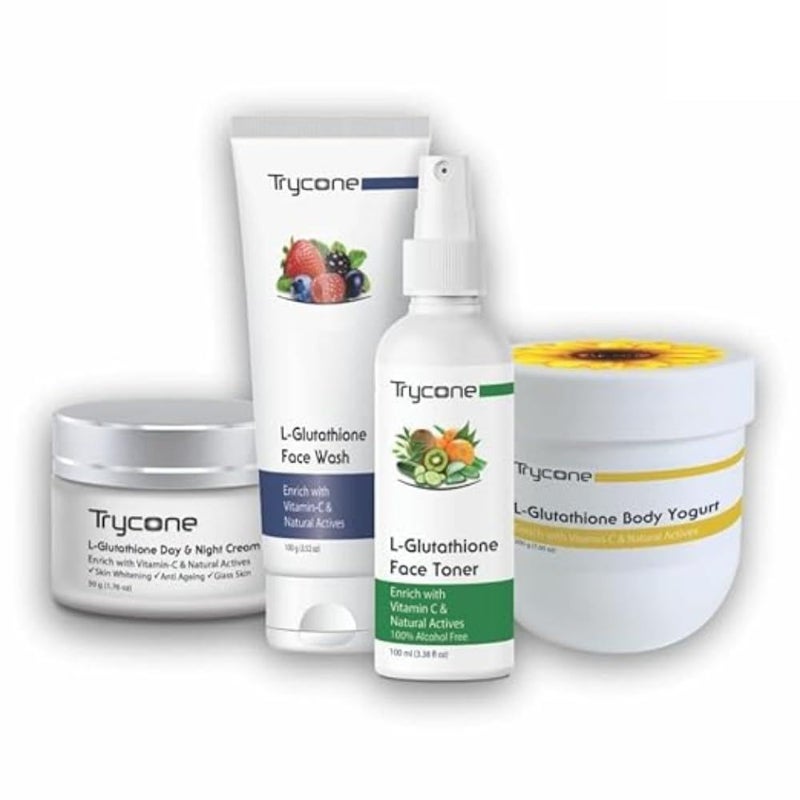Trycone LGlutathione  Vitamin C Face Care Combo  Face Wash Toner Cream Body Yogurt for Bright Moisturized Glowing Skin  Unisex All Skin Types Pack of 4 - Image 1