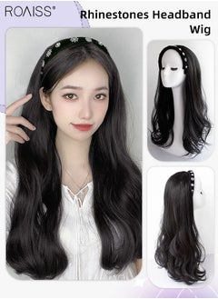 roaiss Rhinestones Headband Wig for Women, Crystal Velvet Detachable Hair Hoop with Long Synthetic Wavy Hairpiece Hair Accessories, Black, 65cm (26 inch)  - Image 1