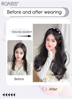 roaiss Rhinestones Headband Wig for Women, Crystal Velvet Detachable Hair Hoop with Long Synthetic Wavy Hairpiece Hair Accessories, Black, 65cm (26 inch)  - Image 2