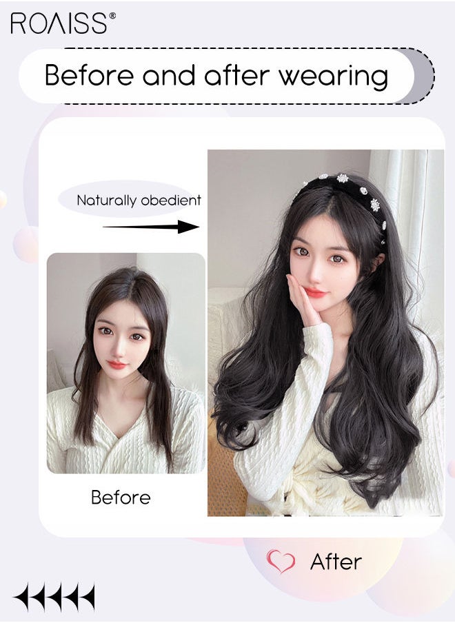 roaiss Rhinestones Headband Wig for Women, Crystal Velvet Detachable Hair Hoop with Long Synthetic Wavy Hairpiece Hair Accessories, Black, 65cm (26 inch)  - Image 2