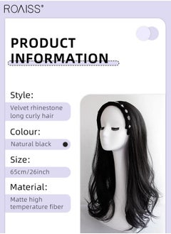 roaiss Rhinestones Headband Wig for Women, Crystal Velvet Detachable Hair Hoop with Long Synthetic Wavy Hairpiece Hair Accessories, Black, 65cm (26 inch)  - Image 4