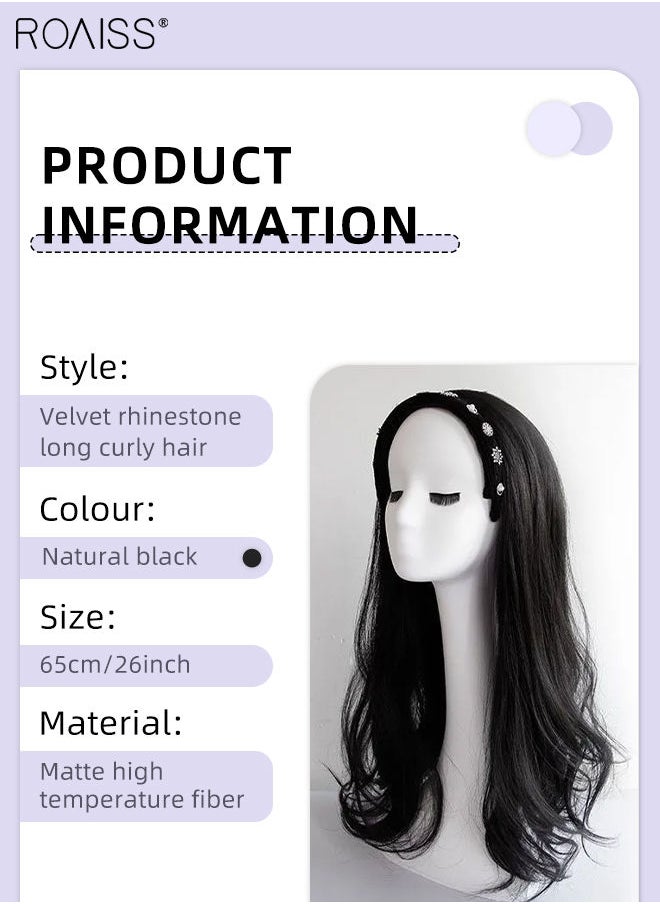 roaiss Rhinestones Headband Wig for Women, Crystal Velvet Detachable Hair Hoop with Long Synthetic Wavy Hairpiece Hair Accessories, Black, 65cm (26 inch)  - Image 4