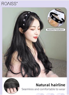 roaiss Rhinestones Headband Wig for Women, Crystal Velvet Detachable Hair Hoop with Long Synthetic Wavy Hairpiece Hair Accessories, Black, 65cm (26 inch)  - Image 5