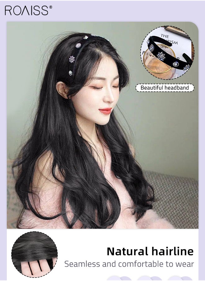 roaiss Rhinestones Headband Wig for Women, Crystal Velvet Detachable Hair Hoop with Long Synthetic Wavy Hairpiece Hair Accessories, Black, 65cm (26 inch)  - Image 5