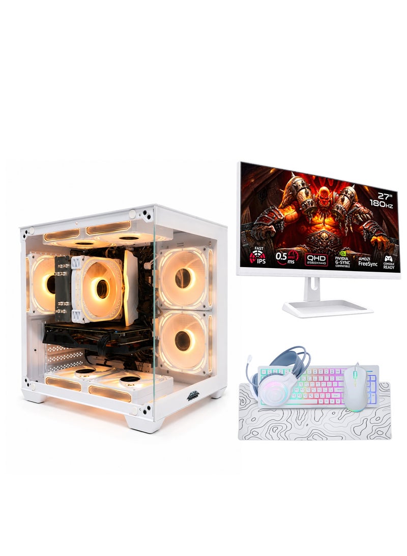 عرب جيمرز حزمة كمبيوتر ألعاب متكاملة - معالج Intel Core i5-12400F، بطاقة RTX 5060 Ti 16 جيجابايت، ذاكرة وصول عشوائي 16 جيجابايت، قرص NVMe SSD سعة 1 تيرابايت، شاشة 27 بوصة QHD 180 هرتز، أبيض - Image 1