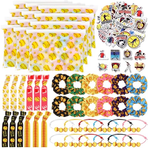 Yeyeplum 98 Pcs Softball Include Softball Goodie Makeup Bags Bracelet Hair Bands Hair Ties Sticker for Sports Team Gifts Birthday Decoration Party SuppliesStylish - Image 1