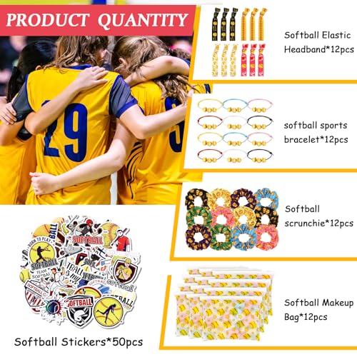 Yeyeplum 98 Pcs Softball Include Softball Goodie Makeup Bags Bracelet Hair Bands Hair Ties Sticker for Sports Team Gifts Birthday Decoration Party SuppliesStylish - Image 5