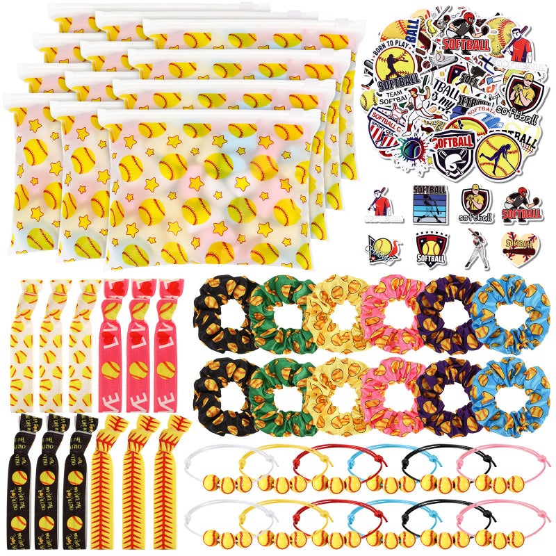 Yeyeplum 98 Pcs Softball Include Softball Goodie Makeup Bags Bracelet Hair Bands Hair Ties Sticker for Sports Team Gifts Birthday Decoration Party SuppliesStylish - Image 3