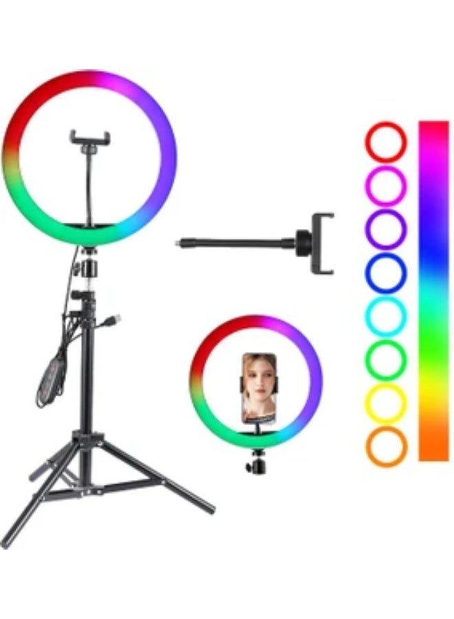 رينج لايت 26 سم ملونة ار جي بي مع حامل ثلاثي القوائم معدني وحامل للموبايل للموبايل الذكي والكاميرا باضاءة  ، بها ازرار للتحكم فى الاضاءة للبث المباشر والمكياج - Image 1