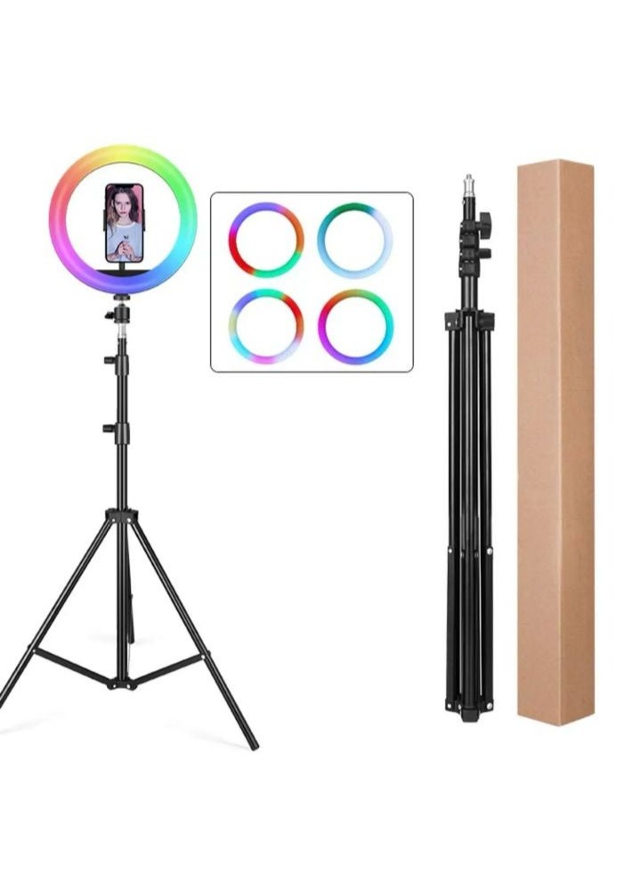 رينج لايت 26 سم ملونة ار جي بي مع حامل ثلاثي القوائم معدني وحامل للموبايل للموبايل الذكي والكاميرا باضاءة  ، بها ازرار للتحكم فى الاضاءة للبث المباشر والمكياج - Image 2