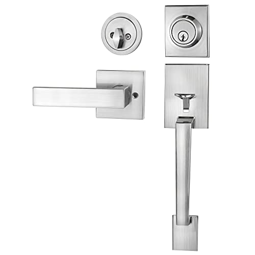 Azdele Front Door Handle and Deadbolt Set, Front Door Lock Set, Exterior Door Lock Set, Front Door Handle with Single Cylinder Deadbolt for Exterior Door,Reversible for Right&Left(Satin Nickel Modern) - Image 1