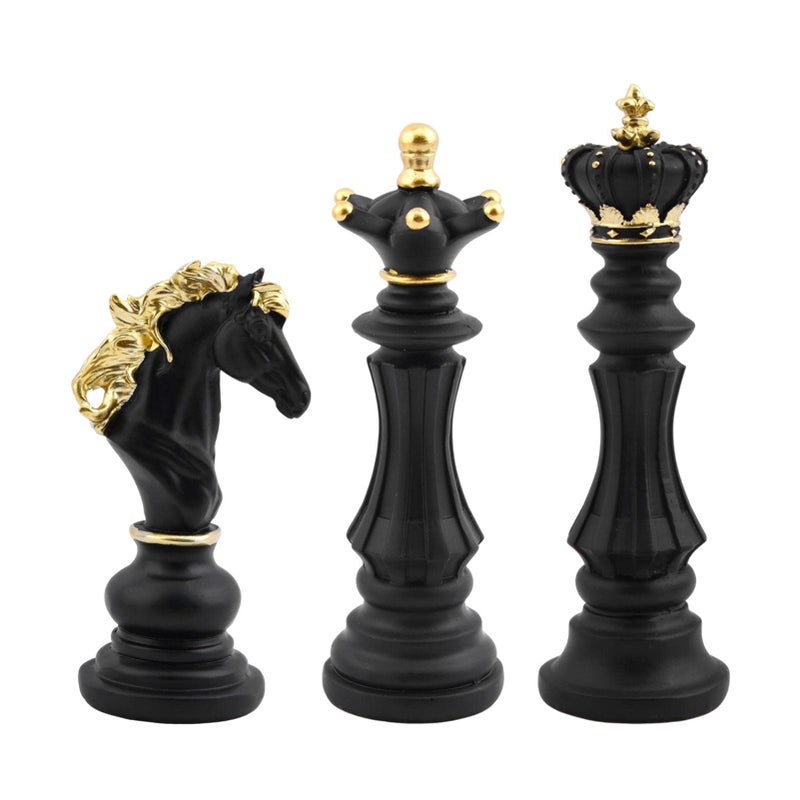 EMVANV 3pcs Small Chess Statue Decor Set Resin Figurine Chess Piece King  Queen  Knight Set for Office Home Study Black