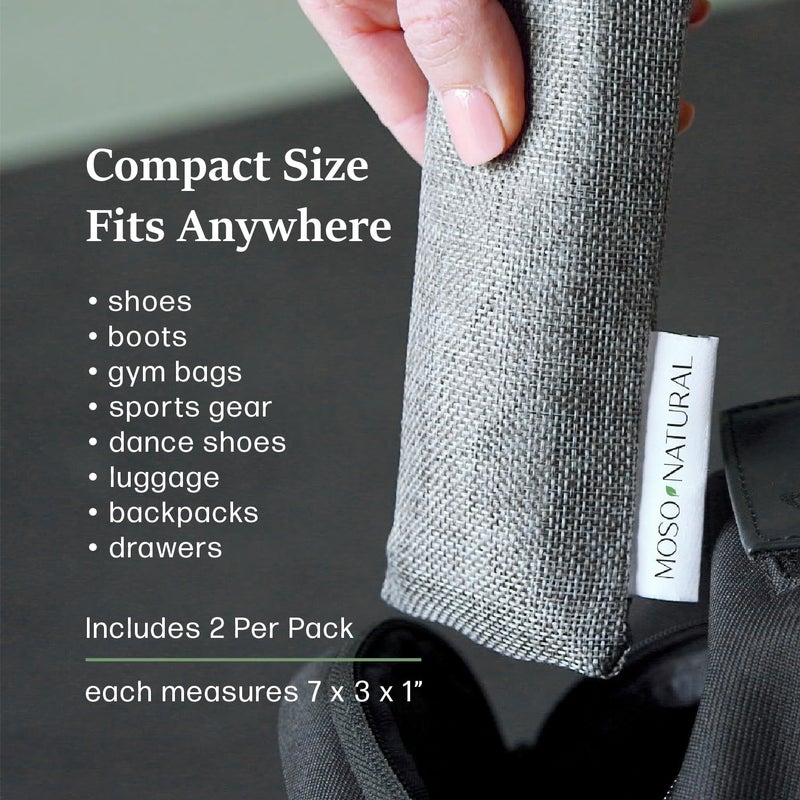 Moso Natural Shoe Deodorizer Inserts, Charcoal Odor Absorber for Shoes, Gym Bag & Boot Deodorizer, Long-Lasting Shoe Odor Elimination, Unscented Air Purifying Bags (Two Per Pack) - Image 3