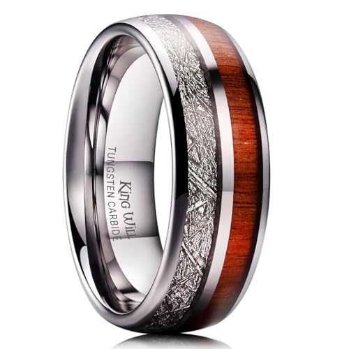 King Will 8mm Tungsten Rings for Men Imitated Meteorite Koa Wood Inlay Mens Silver Wedding Band Engagement Promise Ring Polished Domed Style Comfort Fit Size 11 - Image 1