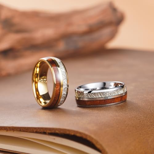 King Will 8mm Tungsten Rings for Men Imitated Meteorite Koa Wood Inlay Mens Silver Wedding Band Engagement Promise Ring Polished Domed Style Comfort Fit Size 11 - Image 3