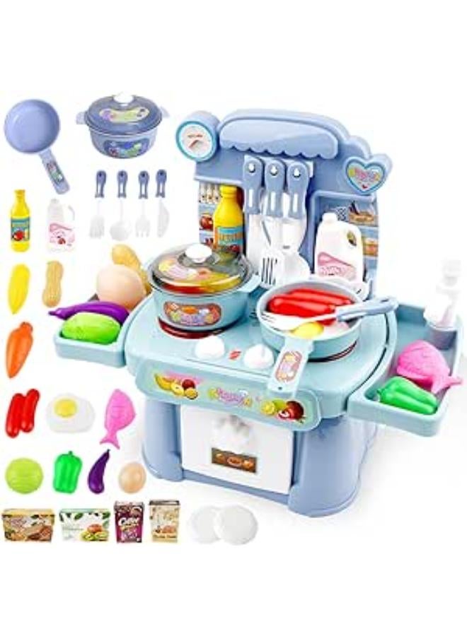 ألعاب المطبخ، لعبة طاهٍ مع ضوء وموسيقى، لعبة عشاء آمنة ولطيفة للبنات، لعبة هدية ممتعة للأطفال، لعبة مطبخ وحوض مع مياه جارية وموقد حثي (أزرق) - Image 1