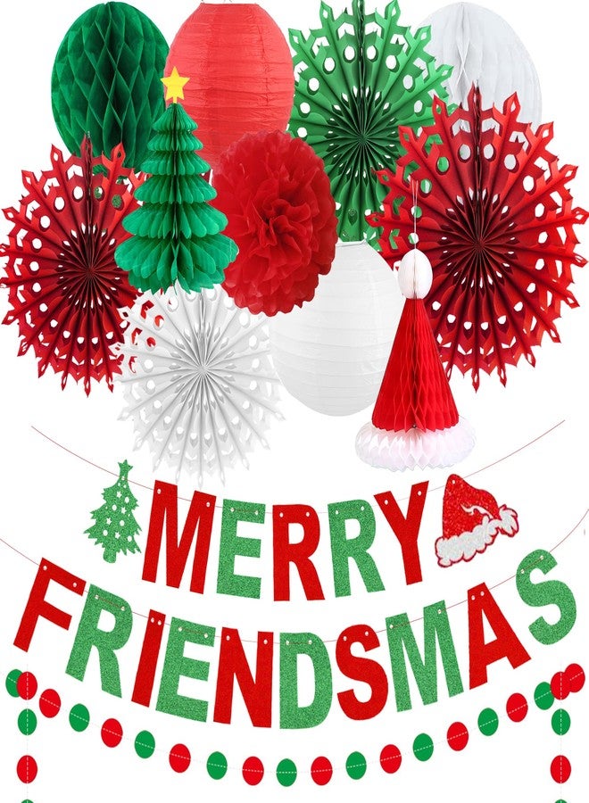 Roetyce Merry Friendsmas Party Decorations, Red and Green Merry Friendsmas Banner Paper Fan Streamers Garland, Friends Themed Christmas Party Photo Backdrop Background Indoor Outdoor - Image 1