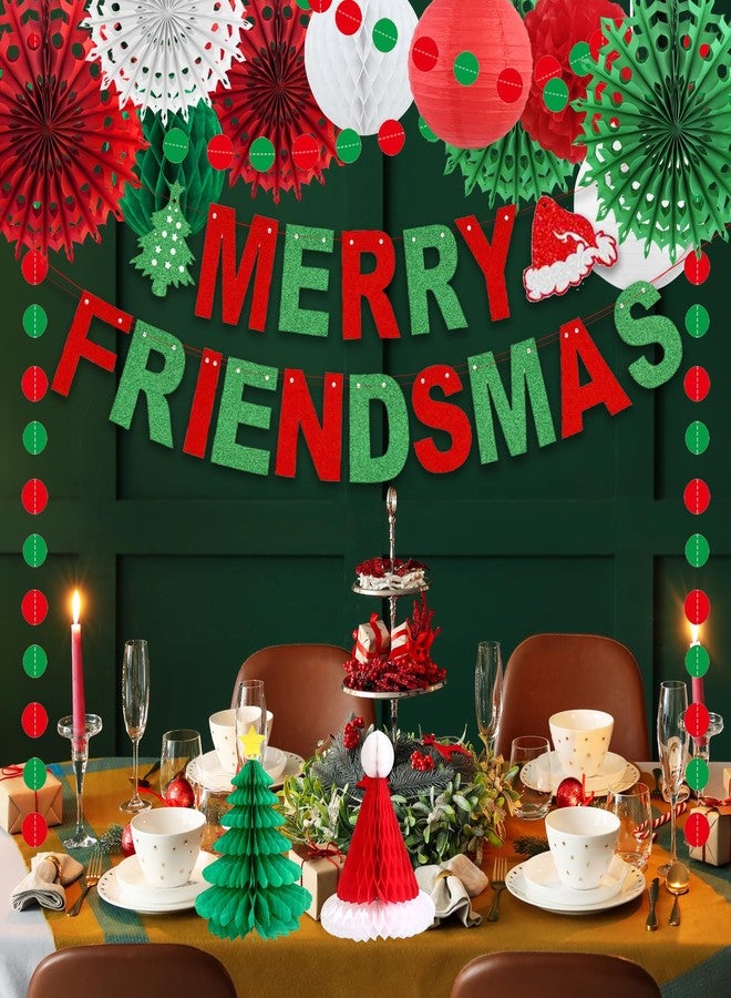Roetyce Merry Friendsmas Party Decorations, Red and Green Merry Friendsmas Banner Paper Fan Streamers Garland, Friends Themed Christmas Party Photo Backdrop Background Indoor Outdoor - Image 3