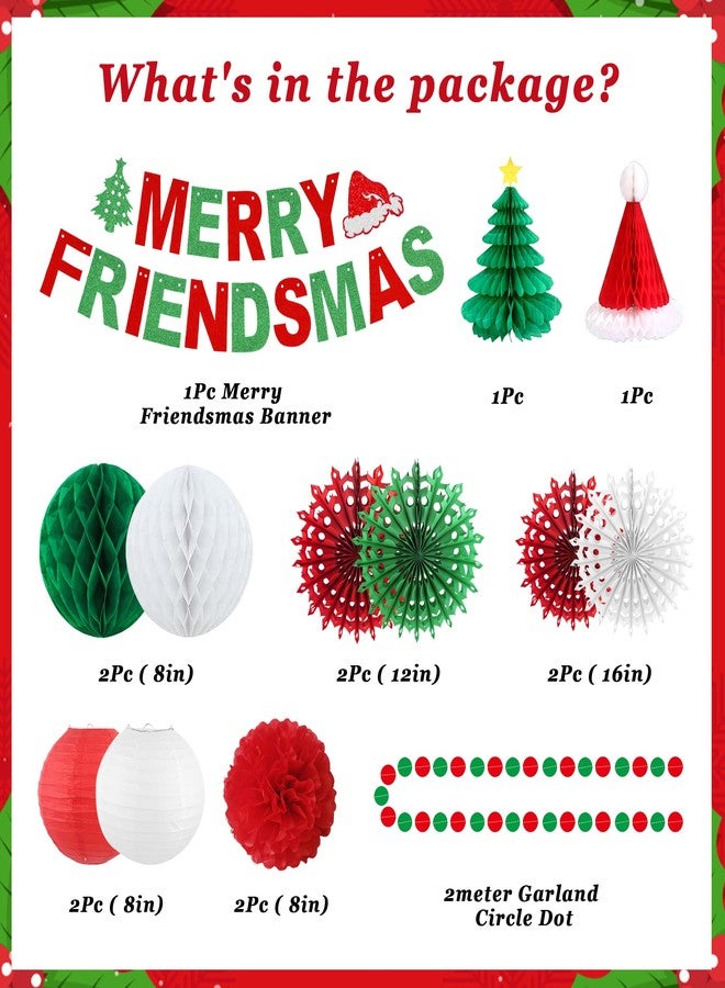 Roetyce Merry Friendsmas Party Decorations, Red and Green Merry Friendsmas Banner Paper Fan Streamers Garland, Friends Themed Christmas Party Photo Backdrop Background Indoor Outdoor - Image 2