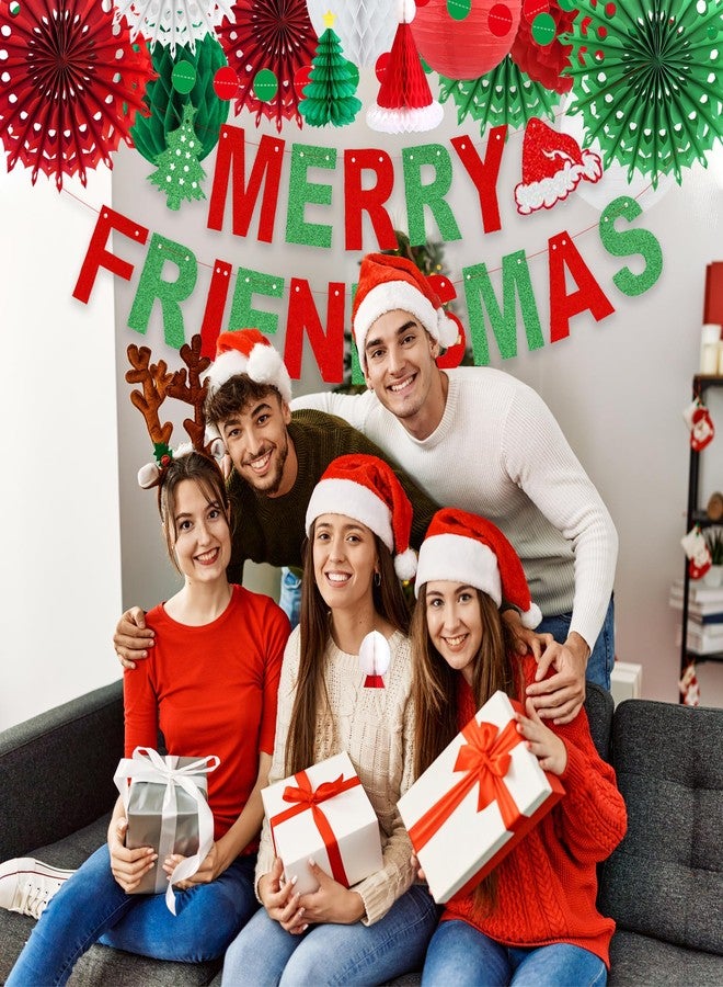 Roetyce Merry Friendsmas Party Decorations, Red and Green Merry Friendsmas Banner Paper Fan Streamers Garland, Friends Themed Christmas Party Photo Backdrop Background Indoor Outdoor - Image 4