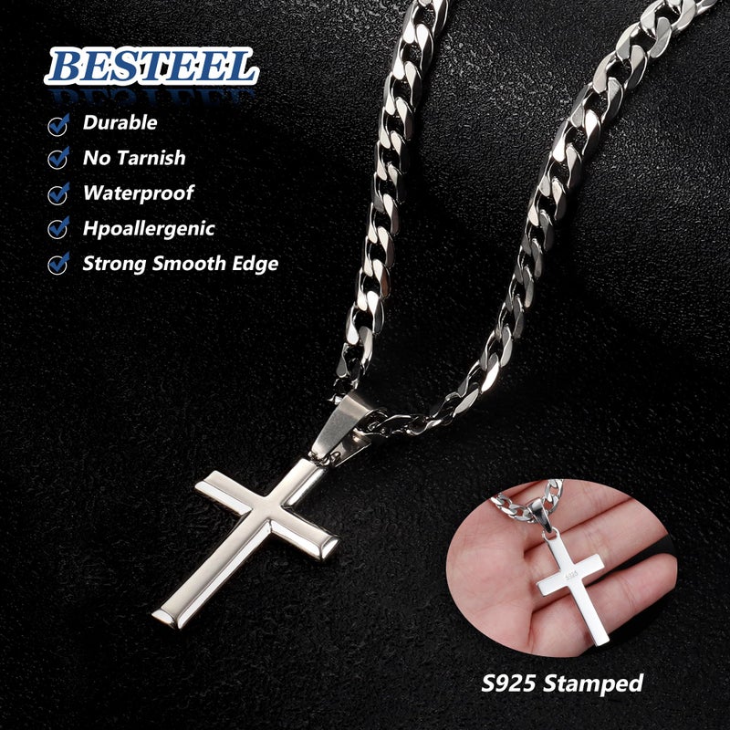 Besteel 925 Sterling Silver Cross Necklace for Men Women - 5mm 316L Stainless Steel Cuban Link Chain - Religious Baptism Easter Spring Cross Pendant Simple Faith Jewelry 20 Inches - Image 4