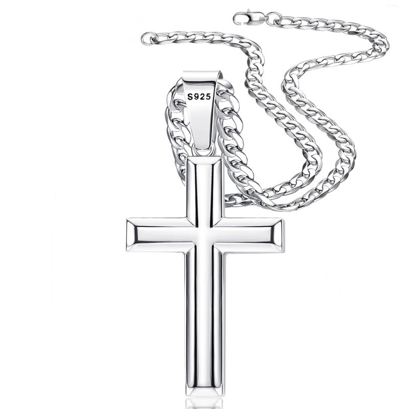Besteel 925 Sterling Silver Cross Necklace for Men Women - 5mm 316L Stainless Steel Cuban Link Chain - Religious Baptism Easter Spring Cross Pendant Simple Faith Jewelry 20 Inches - Image 1