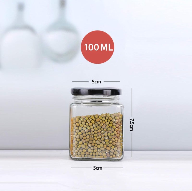 FUFU square jar with black sealed metal regular lid (4oz/100ml), sealed transparent glass jar, used as dessert, coffee beans, seasoning, honey, jam, jelly, total 12 jars (100ML) - Image 2
