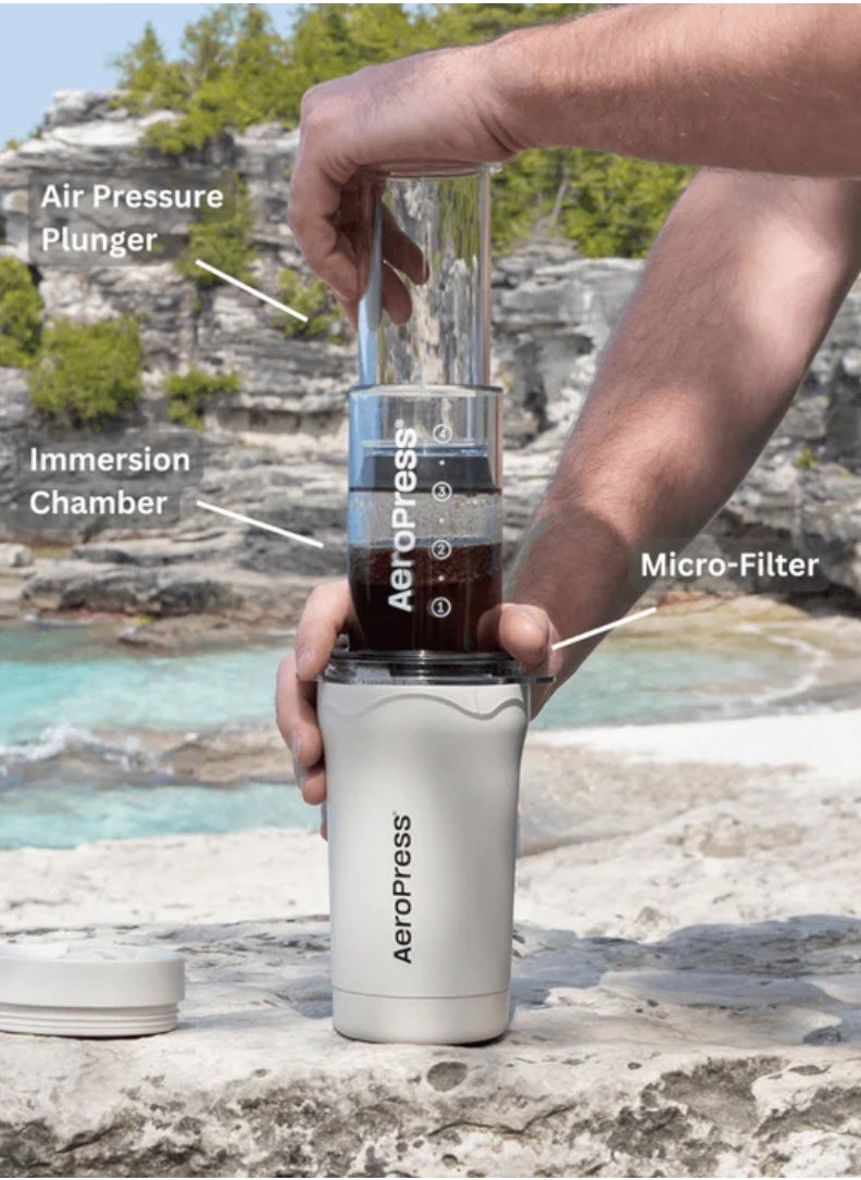 AeroPress - Go Plus Travel Coffee Maker, BPA Free, Portable, Smooth and Bitter-free Brew, Shatterproof and Durable for Camping, Includes Custom Travel Tumbler, Capacity – 1-2 Cup, Color - Cream - Image 1
