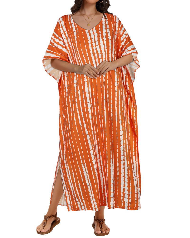 CHICGAL Kaftan Dresses for Women Oversized Long Batwing Sleeve Caftan V Neck Beach Cover Ups Summer Maxi Dress (Orange White Stripes,One Size) - Image 2