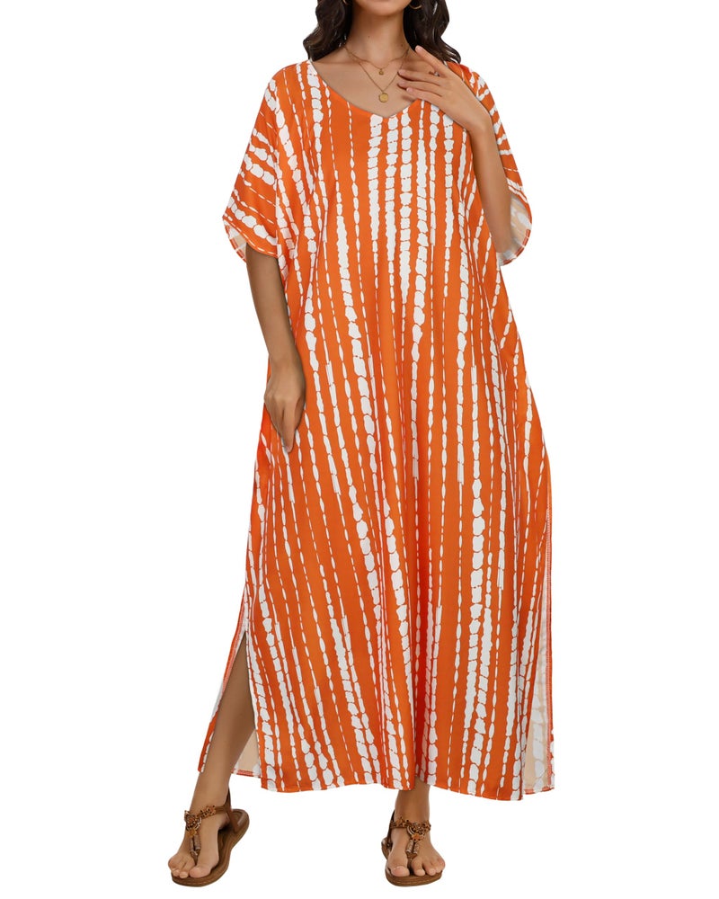 CHICGAL Kaftan Dresses for Women Oversized Long Batwing Sleeve Caftan V Neck Beach Cover Ups Summer Maxi Dress (Orange White Stripes,One Size) - Image 5