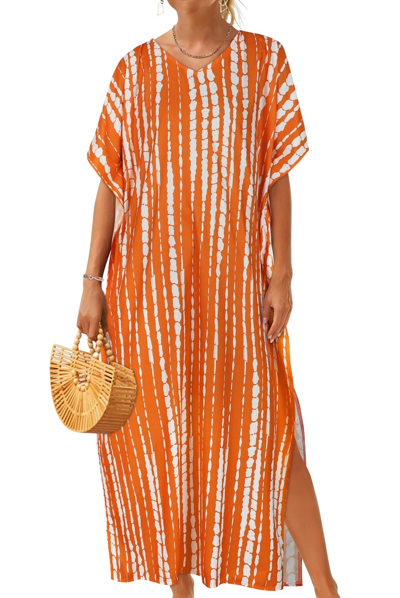 CHICGAL Kaftan Dresses for Women Oversized Long Batwing Sleeve Caftan V Neck Beach Cover Ups Summer Maxi Dress (Orange White Stripes,One Size) - Image 1
