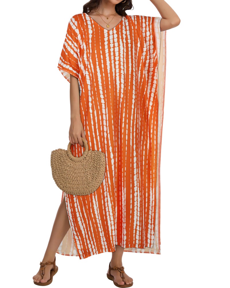 CHICGAL Kaftan Dresses for Women Oversized Long Batwing Sleeve Caftan V Neck Beach Cover Ups Summer Maxi Dress (Orange White Stripes,One Size) - Image 3