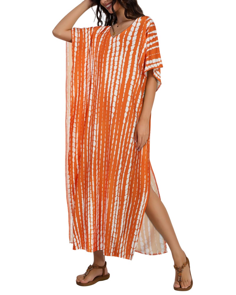 CHICGAL Kaftan Dresses for Women Oversized Long Batwing Sleeve Caftan V Neck Beach Cover Ups Summer Maxi Dress (Orange White Stripes,One Size) - Image 4