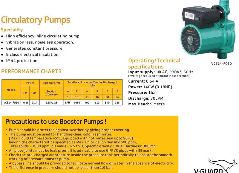 V-Guard VCB14-F030 Automatic Water Pressure Pump For Hot Water Circulation | Compatible With Washing Machine, RO, Shower | Energy Efficient | Compact Design | Multicolour - Image 5