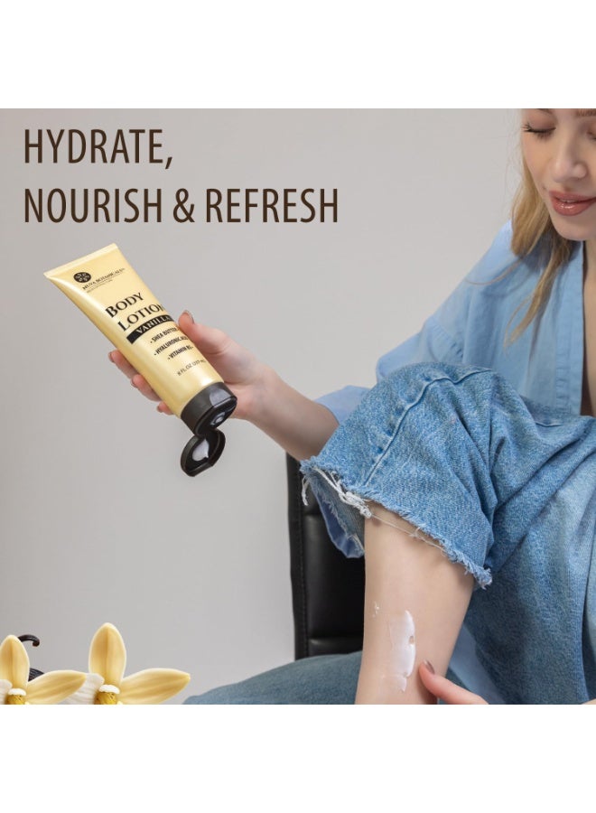 Nuva Botanicals لوشن الجسم بالفانيليا للنساء للبشرة الجافة - لوشن فانيليا للنساء مع حمض الهيالورونيك - كريم الجسم للنساء مع زبدة الشيا - عناية مرطبة ومغذية بالجسم بالفانيليا (8 أونصة سائلة) - Image 3