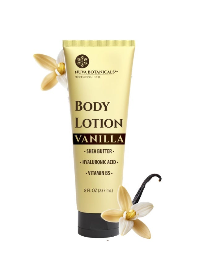 Nuva Botanicals لوشن الجسم بالفانيليا للنساء للبشرة الجافة - لوشن فانيليا للنساء مع حمض الهيالورونيك - كريم الجسم للنساء مع زبدة الشيا - عناية مرطبة ومغذية بالجسم بالفانيليا (8 أونصة سائلة) - Image 1