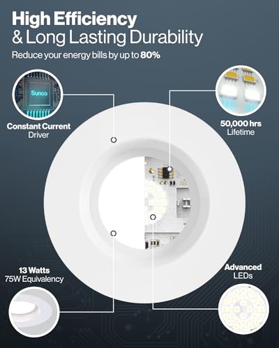 Sunco Lighting Sunco 12 Pack 6 Inch LED Can Lights, Retrofit Recessed Lighting, Smooth Trim, 965 LM, 13W (75W Equivalent), Selectable CCT 2700K/3000K/3500K/4000K/5000K, Dimmable, Damp Rated UL - Image 5