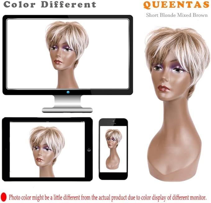 Queentas Short Blonde Wigs for Women Pixie Cut Layered Short Wig with Fringe Synthetic Hair for Ladies Wigs from UKMixed Blonde