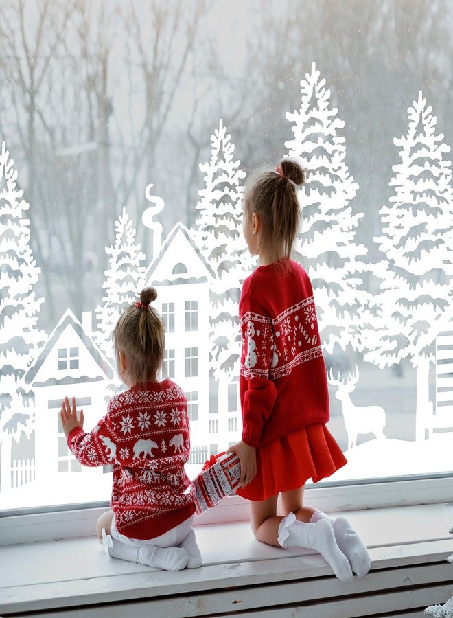 Cholemy ملصقات نوافذ كبيرة الحجم بتصميم عتيق من Cholemy، زينة قرية شتوية، مقاس 47.24 × 11.42 بوصة، قابلة لإعادة الاستخدام، غير لاصقة، مصنوعة من الفينيل، ملصقات ديكور منزلية وأبواب للعطلات (عيد الميلاد). - Image 5