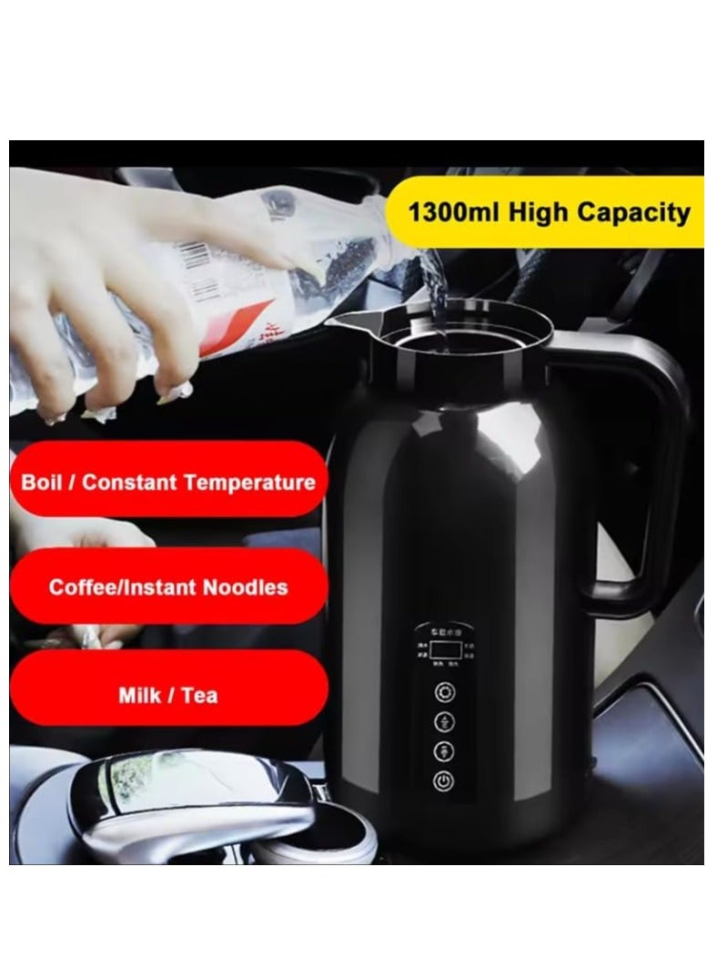 12V Electric Car Kettle, 1300ML Portable Automobile Electric Heating Kettle, Fast Water Boiler Car Coffee Maker, Auto Shut Off Heated Water Tea Coffee Kettle for Self Driving