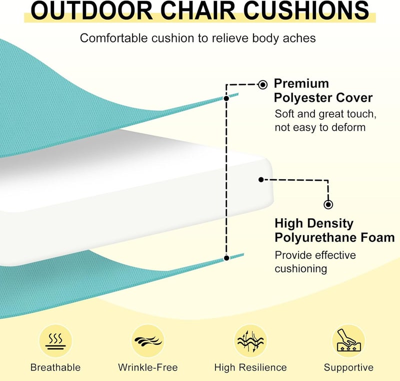 downluxe Outdoor Chair Cushions Set of 4 for Patio Furniture, Water-Resistant Patio Chair Cushions with Ties, High Density Foam Outdoor Seat Cushion, 17" X 16" X 2", Teal - Image 2