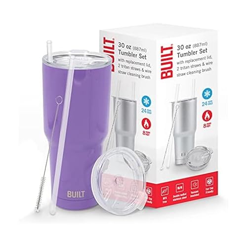 BUILT 30 oz Stainless Steel Tumbler Set, Double Wall Insulated, Includes Replacement Lid, 2 Tritan Straws, And Wire Straw Cleaning Brush, Leak Resistant, Cup Holder Friendly, Amethyst - Image 1