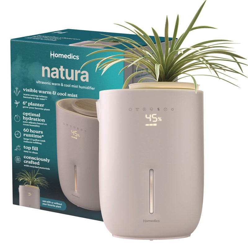 Homedics Natura Ultrasonic Warm & Cool Mist Humidifier, 1.3-Gal for Large Rooms, 60-Hr Runtime, Plant Holder, Programmable Humidity, Auto Shutoff, Nightlight Small Pot Compatible(Plant Not Included) - Image 1