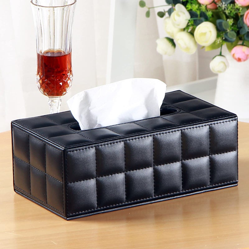 RHCSZ High-end Fashion PU Leather Tissue Box Holder Business Black, Rectangular Napkin Holder Drawer Paper Dispenser, Home Office Car Tissue Holder with Magnetic Bottom (Black Checkered) - Image 5