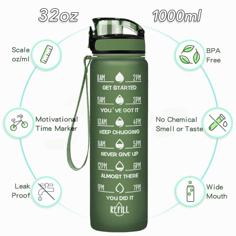 Enerbone 32 oz Water Bottle, Leakproof BPA & Toxic Free, Motivational Water Bottle with Times to Drink and Straw, Fitness Sports Water Bottle with Strap for Office, Gym, Outdoor Sports, Hunter Green - Image 2